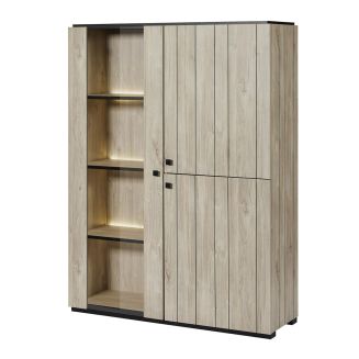 THOMAS - Argentier 3 portes dont 1 vitrée avec Leds aspect lames de bois finition Beach