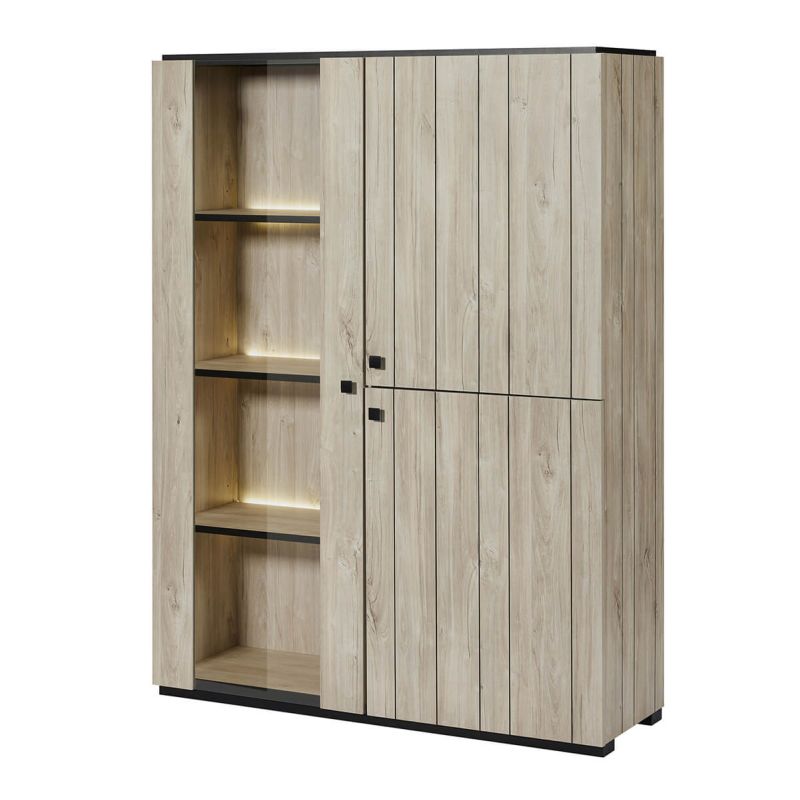 THOMAS - Argentier 3 portes dont 1 vitrée avec Leds aspect lames de bois finition Beach THOMAS - Argentier 3 portes dont 1 vitrée avec Leds aspect lames de bois finition Beach