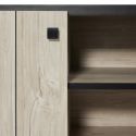 THOMAS - Meuble TV 2 portes aspect lames de bois finition Beach et plateau noir