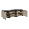 THOMAS - Meuble TV 2 portes aspect lames de bois finition Beach et plateau noir