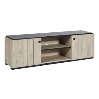 THOMAS - Meuble TV 2 portes aspect lames de bois finition Beach et plateau noir