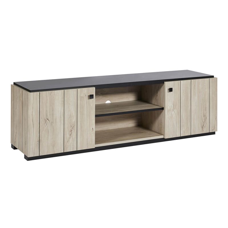 THOMAS - Meuble TV 2 portes aspect lames de bois finition Beach et plateau noir THOMAS - Meuble TV 2 portes aspect lames de bois finition Beach et plateau noir