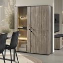 THOMAS - Meuble TV 2 portes aspect lames de bois finition Beach et plateau noir