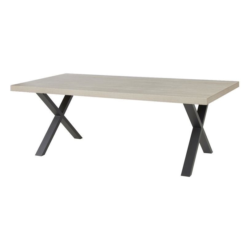 BEACH - Table repas 200cm plateau aspect bois clair pieds X métal noir