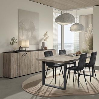 THOMAS - Ensemble séjour buffet + table aspect lames de bois finition Beach et noir