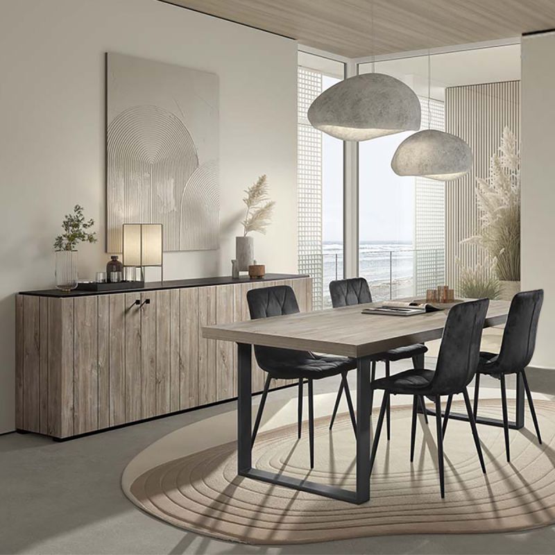 THOMAS - Ensemble séjour buffet + table aspect lames de bois finition Beach et noir THOMAS - Ensemble séjour buffet + table aspect lames de bois finition Beach et noir