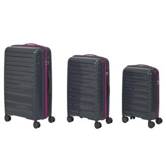 Lot de 3 Valises Grises Zip Rose Fluo avec Roues Pivotantes 360°, Cadenas Sécurisé à Code