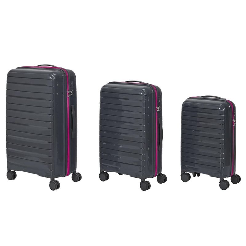 Lot de 3 Valises Grises Zip Rose Fluo avec Roues Pivotantes 360°, Cadenas Sécurisé à Code