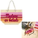 Sac de plage 50x35cm rayé avec message "Madame en balade" rose, orange et violet