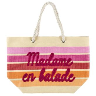 Sac de plage 50x35cm rayé avec message "Madame en balade" rose, orange et violet