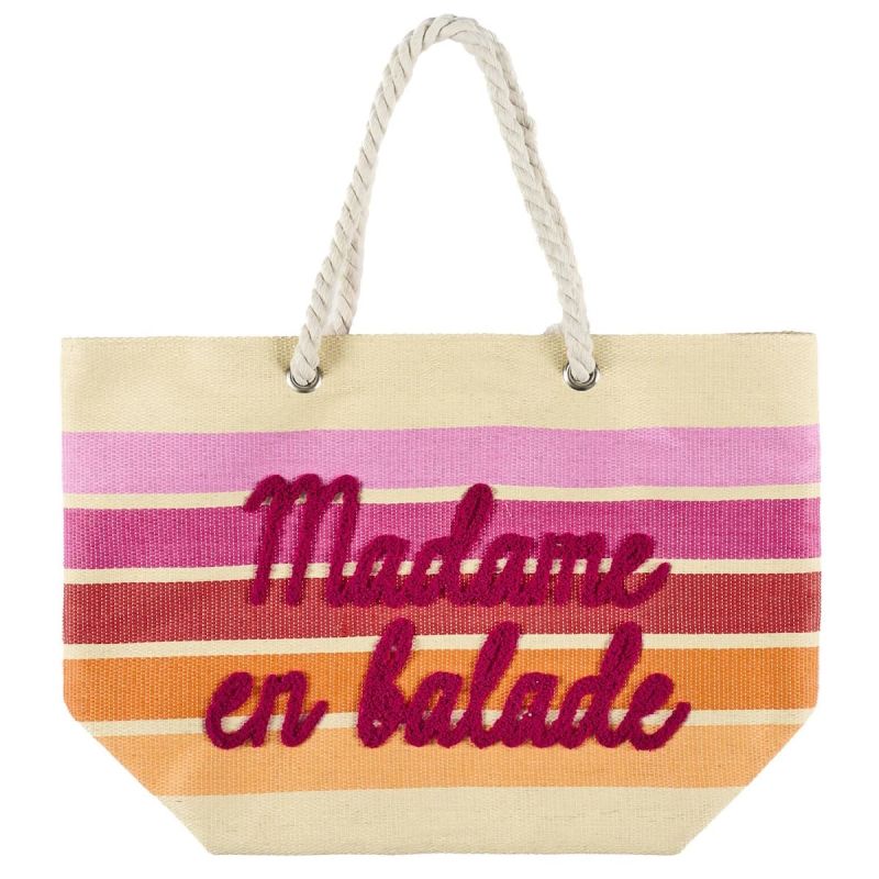 Sac de plage 50x35cm rayé avec message "Madame en balade" rose, orange et violet Sac de plage 50x35cm rayé avec message "Madame en balade" rose, orange et violet