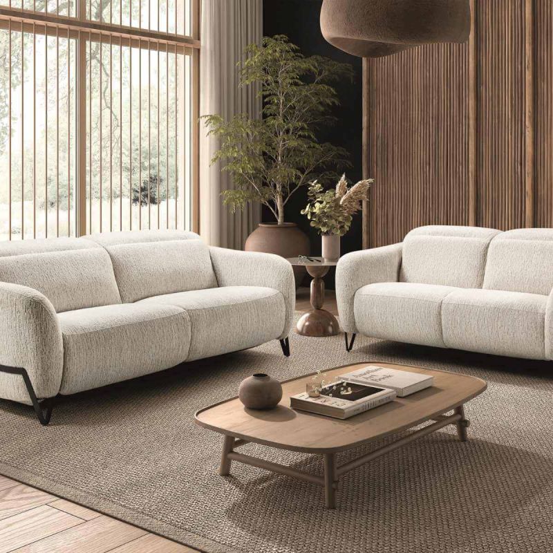AMSTEN - Ensemble Canapé relax électrique + canapé fixe tissu polyester beige AMSTEN - Ensemble Canapé relax électrique + canapé fixe tissu polyester beige