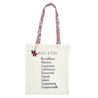 Tote bag blanc et rouge avec message "Merci d’être…" (36,5x42 cm)