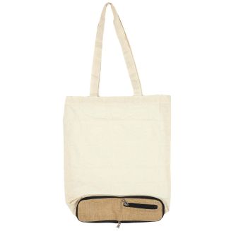 Tote bag pliable en coton blanc avec pochette en jute (42 x 36,5 cm)