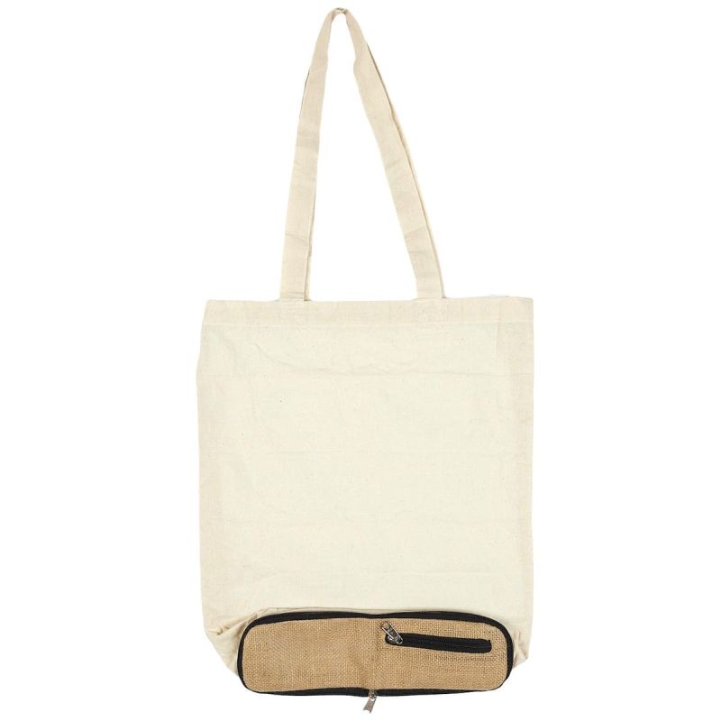 Tote bag pliable en coton blanc avec pochette en jute (42 x 36,5 cm)
