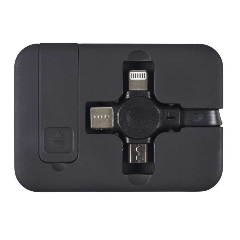 Boitier câbles rétractables 3 en 1 avec support smartphone intégré Boitier câbles rétractables 3 en 1 avec support smartphone intégré