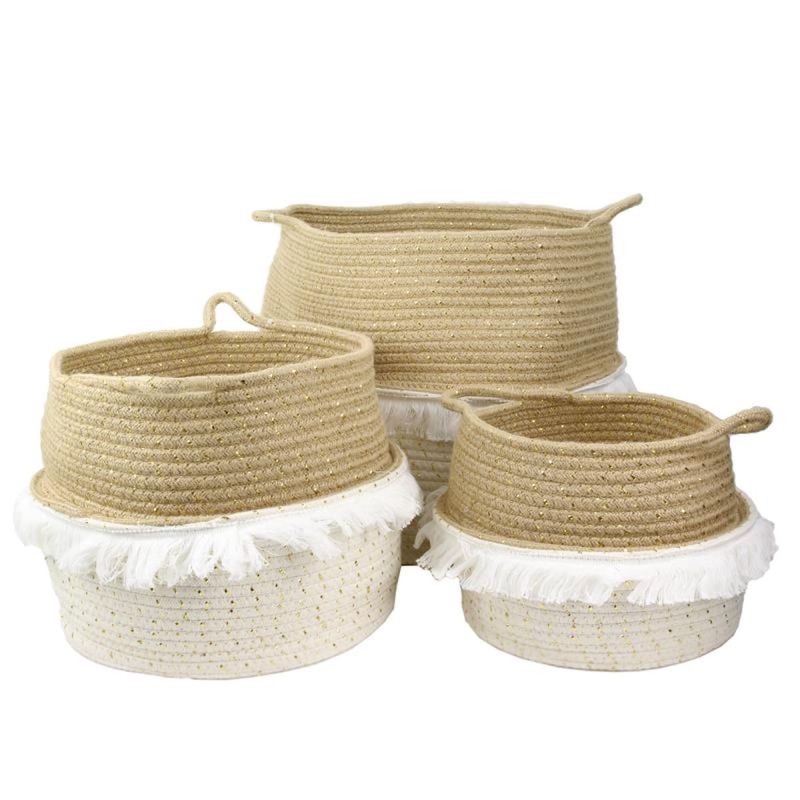 Lot de 3 Paniers Rétractables Cordage Coton Blanc Taupe et Doré avec Franges Lot de 3 Paniers Rétractables Cordage Coton Blanc Taupe et Doré avec Franges