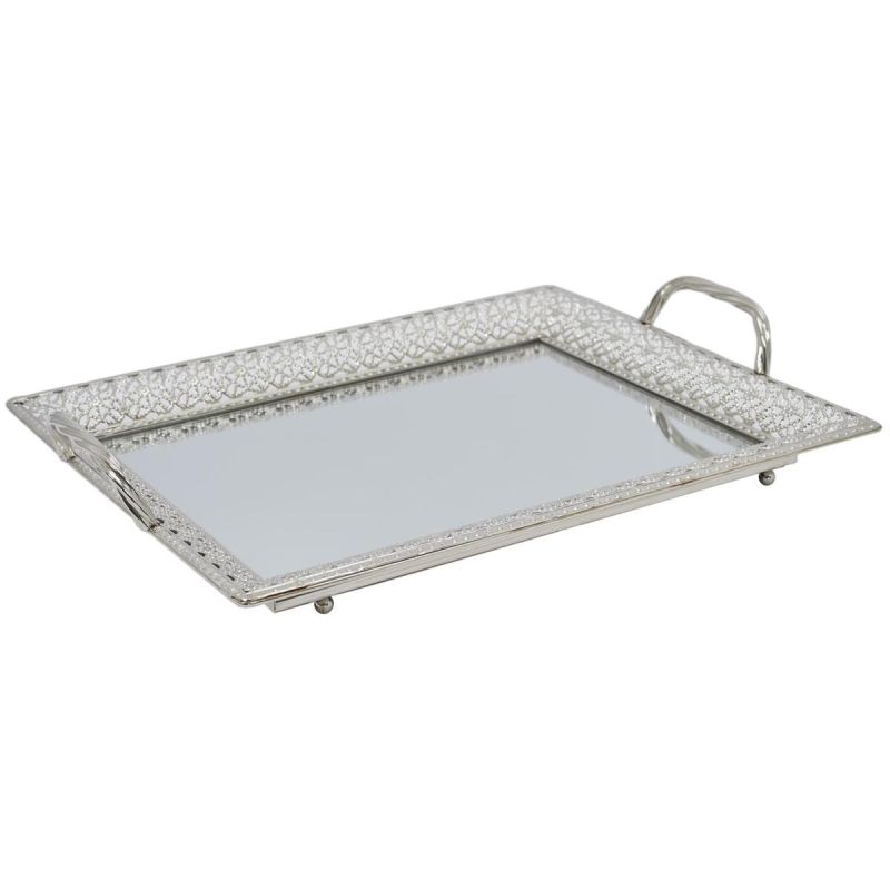 Plateau de Service Argenté avec Miroir et Poignées Plateau de Service Argenté avec Miroir et Poignées
