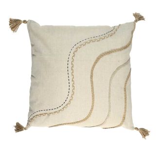 Coussin 40x40cm Beige Motifs Vagues Tressés avec Pompons