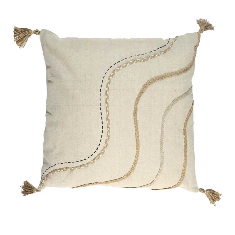 Coussin 40x40cm Beige Motifs Vagues Tressés avec Pompons Coussin 40x40cm Beige Motifs Vagues Tressés avec Pompons