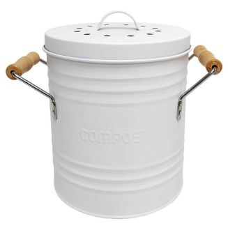 Poubelle à Compost 4L Métal avec Couvercle et Poignées en Bois