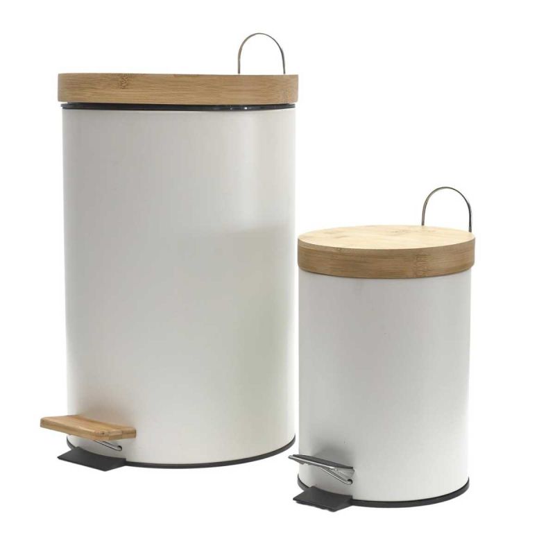 Poubelles à Pédale 12L et 3L en Métal et Bambou Blanc