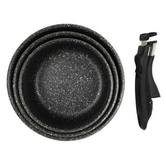 Set de 3 casseroles en aluminium revêtement effet pierre avec 1 poignée amovible