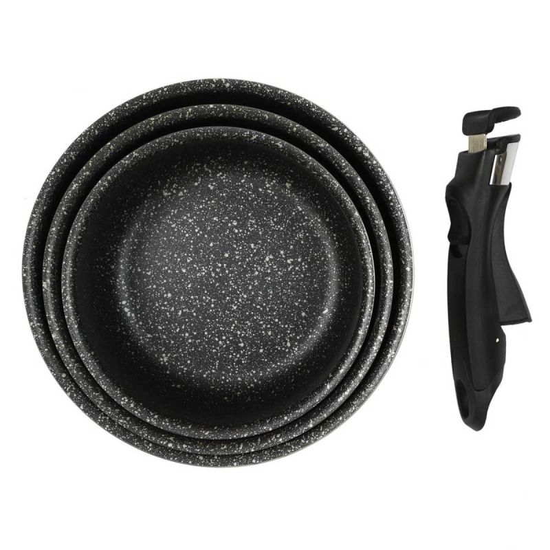Set de 3 casseroles en aluminium revêtement effet pierre avec 1 poignée amovible