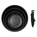 Set de 3 poêles en aluminium revêtement effet pierre avec 1 poignée amovible