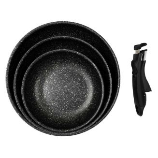 Set de 3 poêles en aluminium revêtement effet pierre avec 1 poignée amovible