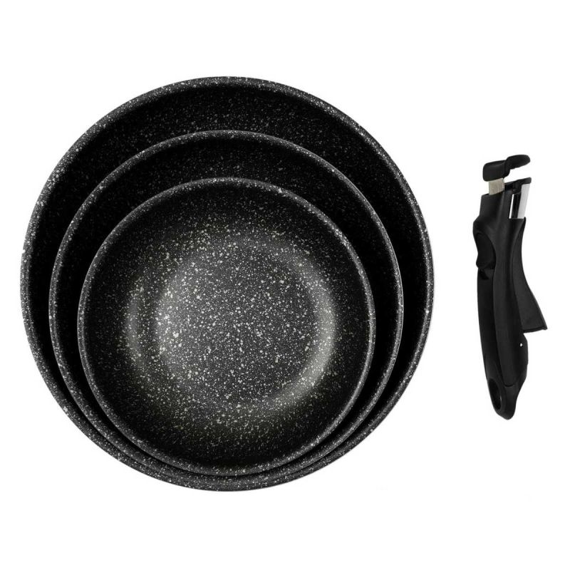 Set de 3 poêles en aluminium revêtement effet pierre avec 1 poignée amovible Set de 3 poêles en aluminium revêtement effet pierre avec 1 poignée amovible