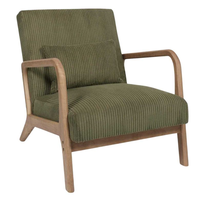 AMORY - Fauteuil en velours côtelé coloris vert pieds et accoudoirs en hévéa