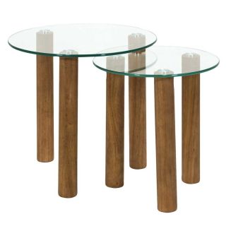 INAYA - Lot de 2 Tables basses gigogne rondes en verre trempé pieds en hévéa