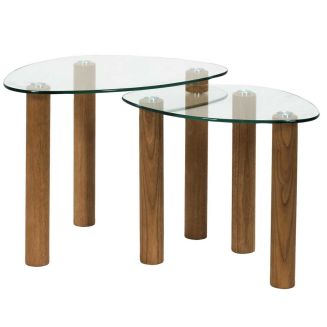 INAYA - Lot de 2 Tables basses gigogne forme galet en verre trempé pieds en hévéa