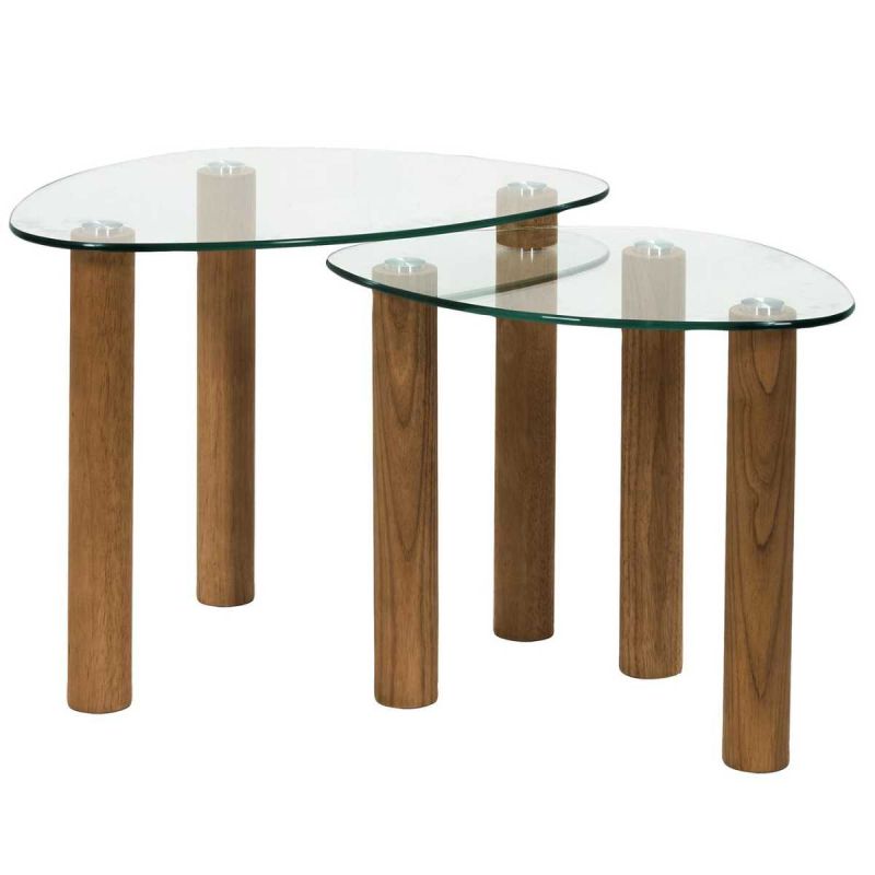 INAYA - Lot de 2 Tables basses gigogne forme galet en verre trempé pieds en hévéa