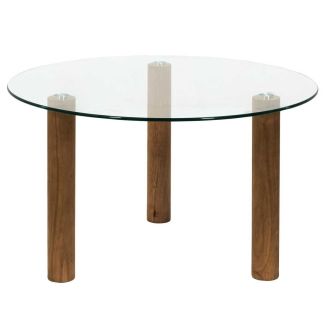 INAYA - Table basse gigogne ronde en verre trempé pieds en hévéa