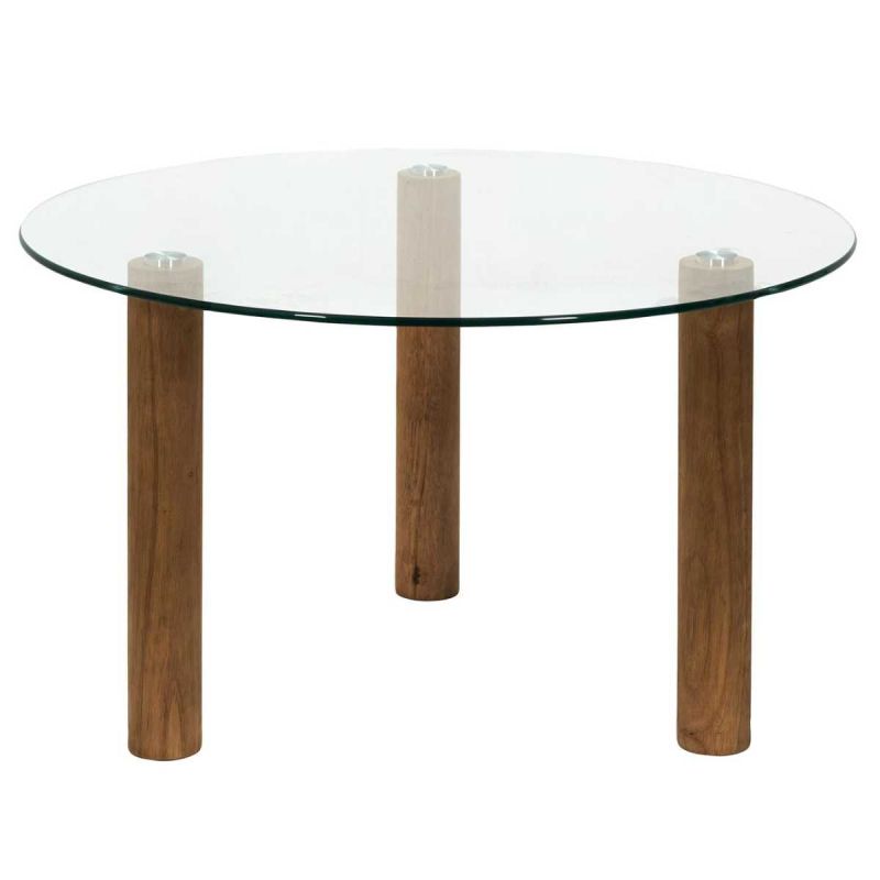 INAYA - Table basse gigogne ronde en verre trempé pieds en hévéa