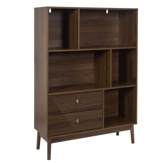 COLETTE - Bibliothèque 2 tiroirs 5 niches en bois et MDF pieds en pin teinté chêne foncé