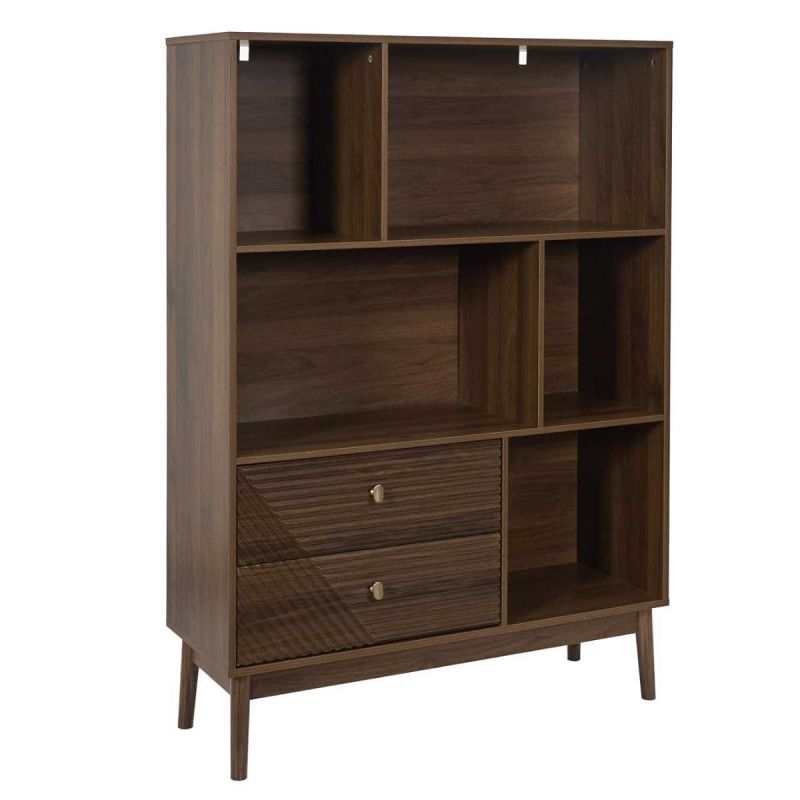 COLETTE - Bibliothèque 2 tiroirs 5 niches en bois et MDF pieds en pin teinté chêne foncé COLETTE - Bibliothèque 2 tiroirs 5 niches en bois et MDF pieds en pin teinté chêne foncé