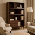 COLETTE - Bibliothèque 2 tiroirs 5 niches en bois et MDF pieds en pin teinté chêne foncé