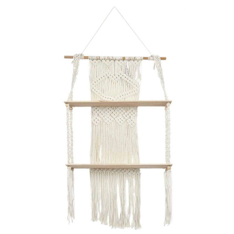 Etagère murale double bohème en macramé et plateaux en bois Etagère murale double bohème en macramé et plateaux en bois