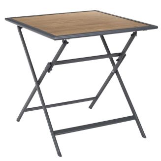 BAHIANA - Table pliante métal laqué gris et plateau en verre trempé effet bois