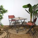 BAHIANA - Table pliante métal laqué gris et plateau en verre trempé effet bois