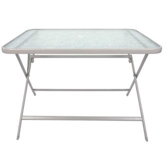 CHRISTINA - Table pliante en métal beige et plateau en verre trempé
