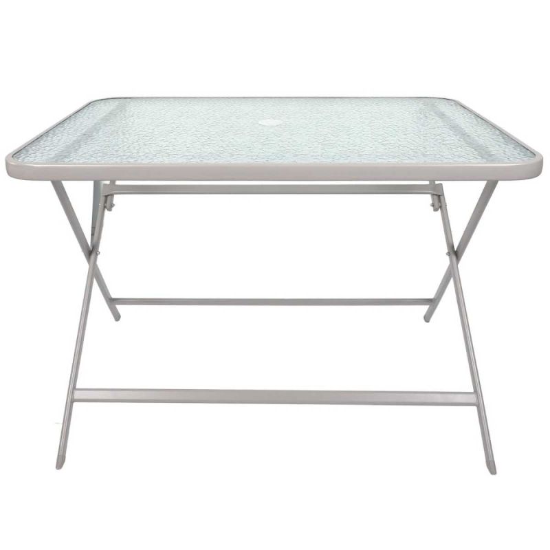 CHRISTINA - Table pliante en métal beige et plateau en verre trempé CHRISTINA - Table pliante en métal beige et plateau en verre trempé