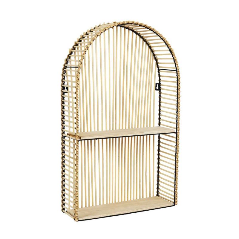 SAPHIR - Etagère murale arrondie fenêtre en bambou et métal plateau bois SAPHIR - Etagère murale arrondie fenêtre en bambou et métal plateau bois
