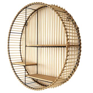 SAPHIR - Etagère murale ronde en bambou et métal plateau bois