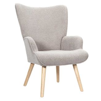 REGINA - Fauteuil de salon en tissu bouclette taupe pieds en bois d'hévéa