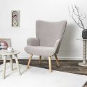 REGINA - Fauteuil de salon en tissu bouclette taupe pieds en bois d'hévéa