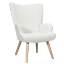 REGINA - Fauteuil de salon en tissu bouclette blanc pieds en bois d'hévéa
